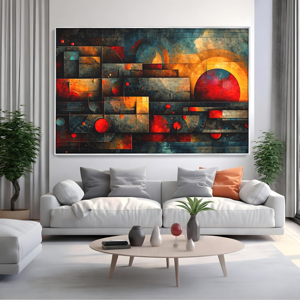 Tablou canvas cu tablou canvas cu forme geometrice abstracte, in rama de aluminiu argintiu, pe perete intr-un living